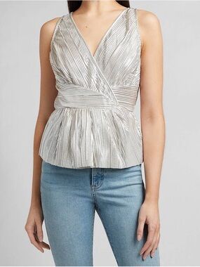 Express Metallic Silver Sleeveless Pleated V-Neck Peplum Top, SZ XS NWT